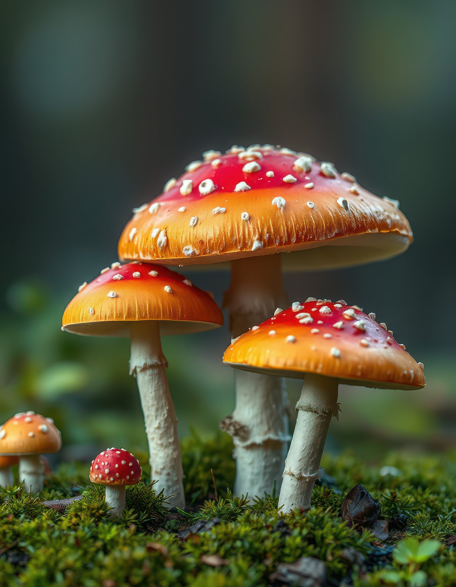 Bright red and orange mushrooms growing in a lush green forest during daylight hours